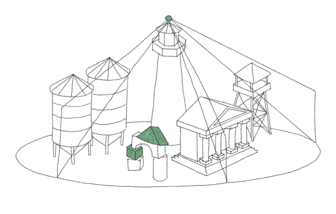 Abstract green and black cross-section representing institutional design.
