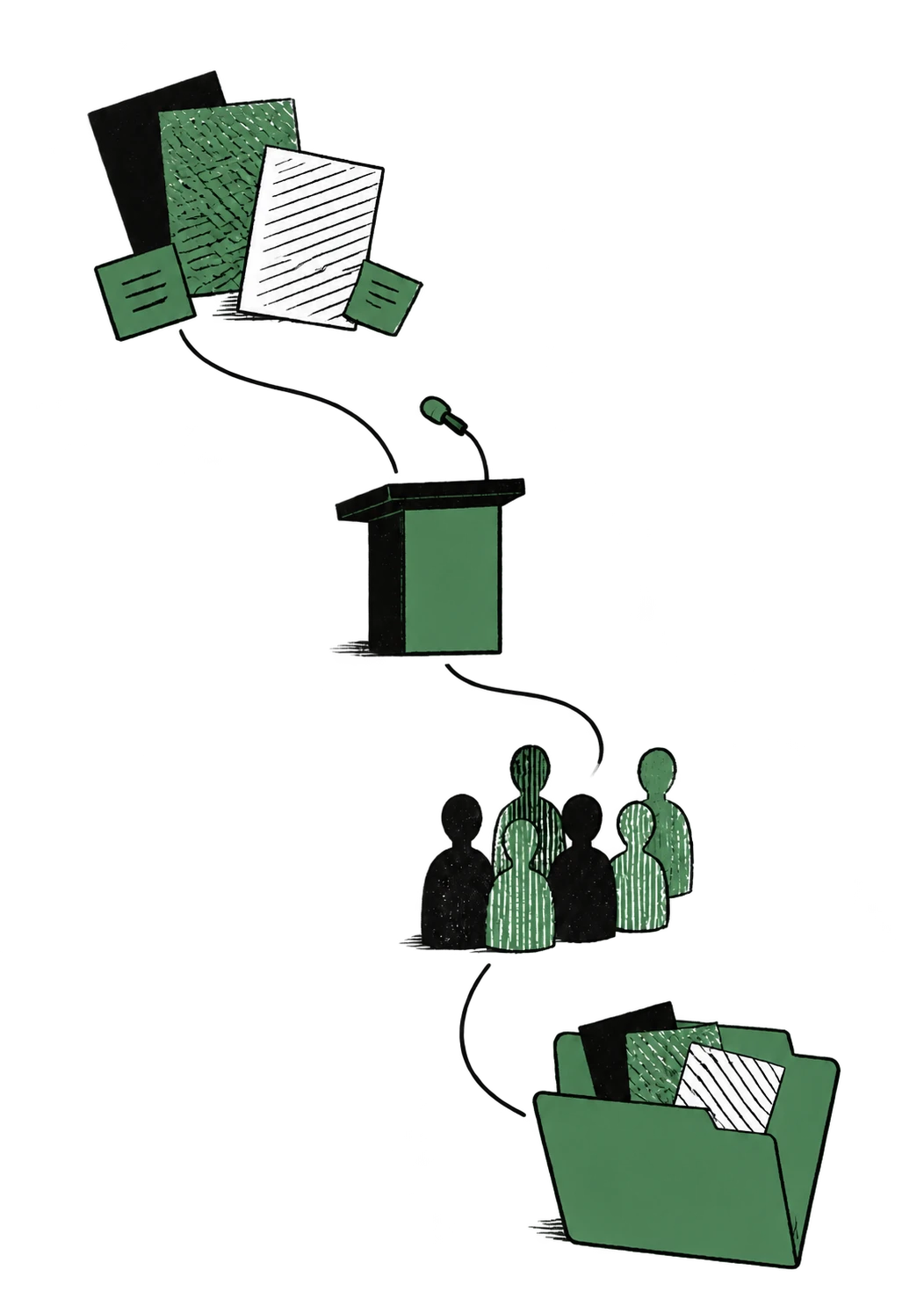 Campaign policy papers pass through a lectern and voters into an archive.